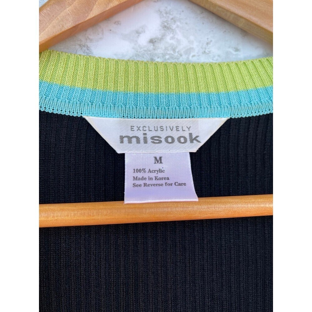 Misook Ribbed Knit Belted Cardigan Lime Aqua Trim Mod Avant Basic Chic M - Picture 8 of 9